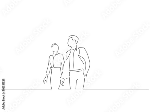 Company work team in line art drawing style. Composition of a group of business people doing their job. Black linear sketch isolated on white background. Vector illustration design.