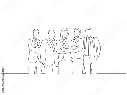 Company work team in line art drawing style. Composition of a group of business people doing their job. Black linear sketch isolated on white background. Vector illustration design.