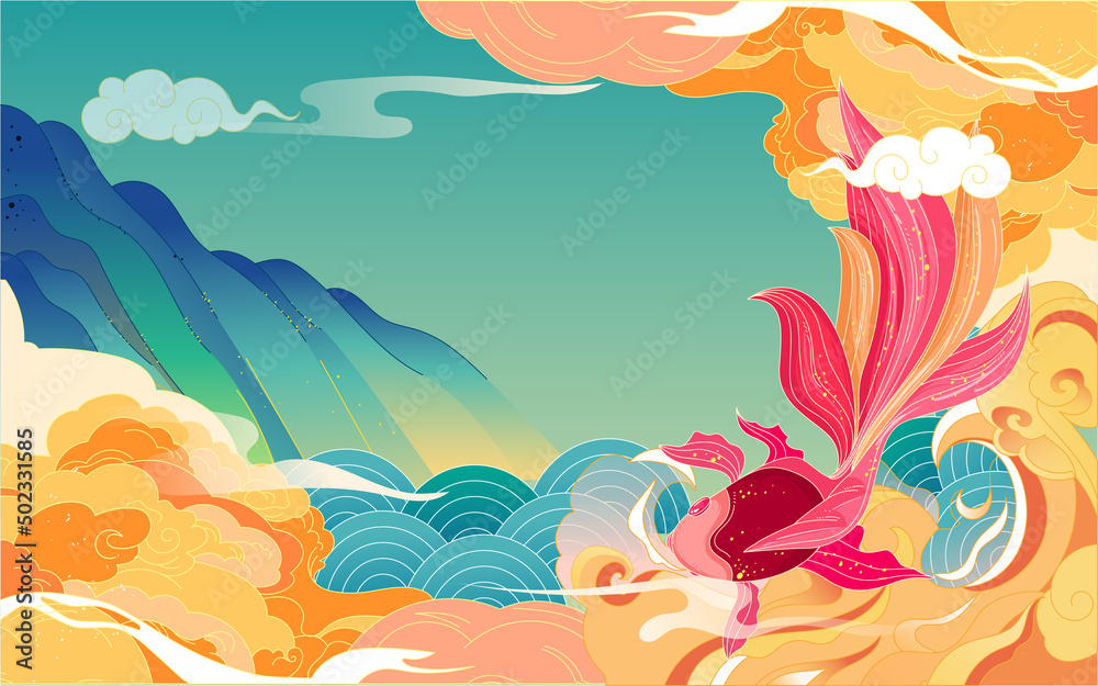Dragon boat race on the Dragon Boat Festival with clouds and koi in the background, vector illustration Dragon boat race on the Dragon Boat Festival with clouds and koi in the background, vector illustration