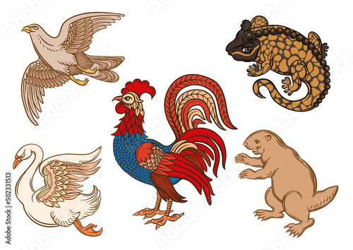 Symbolic heraldic animals and birds. Set off eagle, beaver, rooster, swan and salamander.Traditional character styles for coats of arms and shields. Clip art, elements for design Vector illustration.