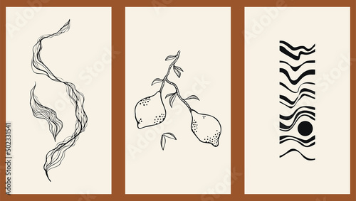 A set of three backgrounds for typography, decor, covers. Black hand drawn elements on beige. Vintage stylish illustration in boho style with lemons, lines, stripes, leaves, twigs, sun. photo