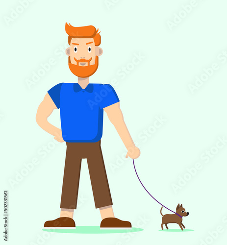 Funny brutal red-haired man on a walk with a small dog. Vector illustration, flat design