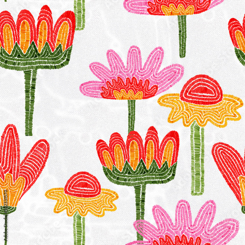 seamless pattern - embroidered craft flowers.Knitted hobby floral ornament.Vintage pattern for fabric with flowers, leaves, tulips, roses.Digital embroidery.Cottage core vintage textile.Ethnic folk photo