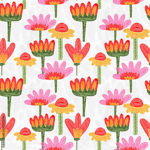 seamless pattern - embroidered craft flowers.Knitted hobby floral ornament.Vintage pattern for fabric with flowers, leaves, tulips, roses.Digital embroidery.Cottage core vintage textile.Ethnic folk	