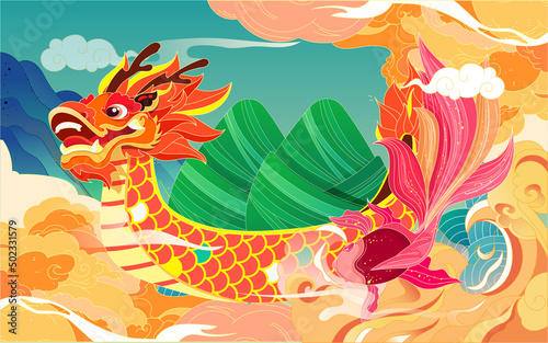 Dragon boat race on the Dragon Boat Festival with clouds and koi in the background, vector illustration