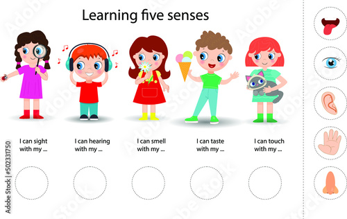 Funny montessori game for kids. Learning five senses. Vector illustration.