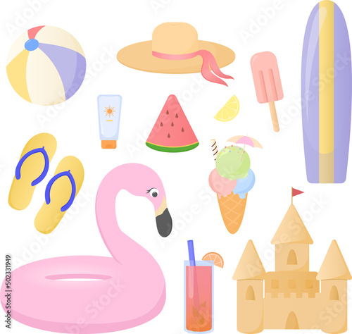 Set of summer elements. Swim ring, surfboard, flip flops, hat, ice cream, watermelon, sandcastle.