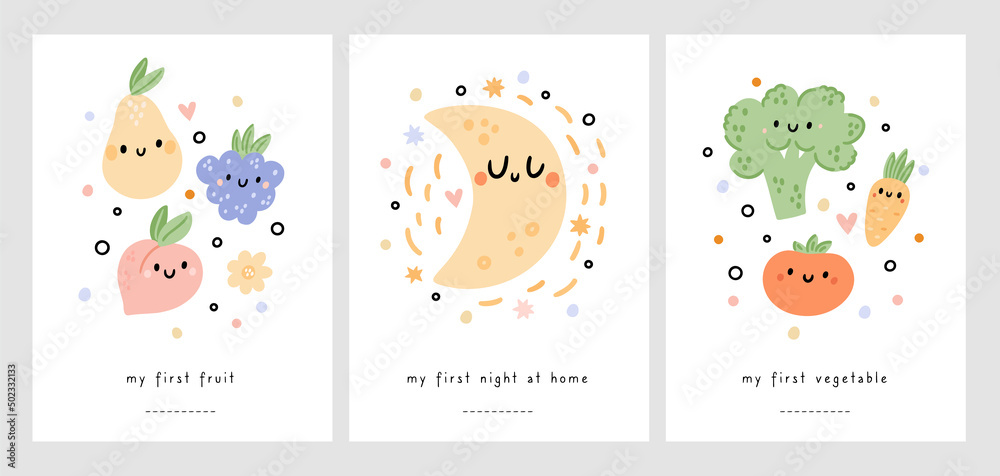 Baby milestone cards for newborn girl or boy. Very first special moments illustration. Print capturing all the special moments. Monthly anniversary card. Kids print - obrazy, fototapety, plakaty 