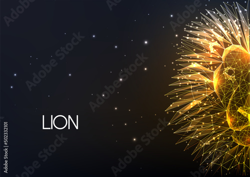 Gold lion head made of lines, dots, circles and polygons isolated on black background. 
