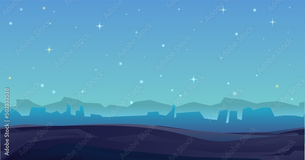 Rocks cliffs landscape. Seamless illustration. Night scenery in mountains. Cartoon flat style. Starry sky. Dark twilight and dusk. Vector