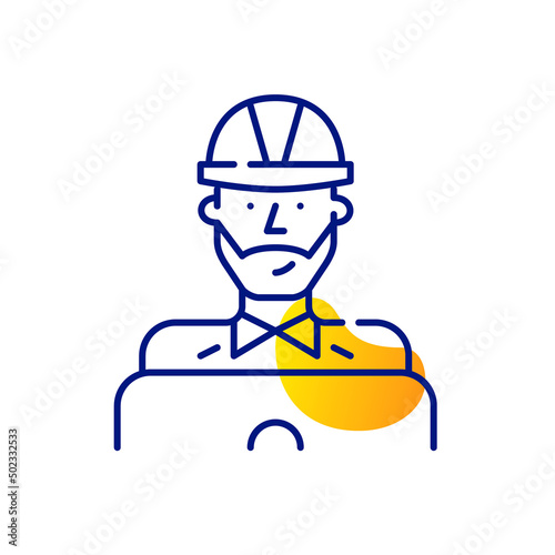 Young professional engineer or architect. Man in a hard hat working at a laptop. Pixel perfect, editable stroke line art icon