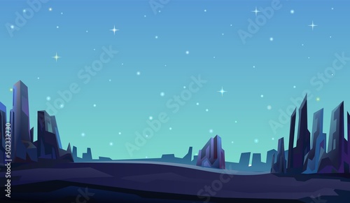 Rocks cliffs landscape. Starry sky. Night scenery in mountains. Cartoon flat style. Dark twilight and dusk. Vector