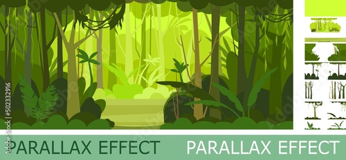 Jungle illustration with parallax effect. View on glade. Dense wild-growing tropical plants with tall, branched trunks. Rainforest landscape. Flat design. Cartoon style. Vector