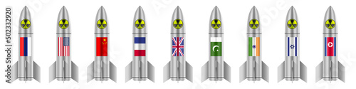 Atomic bombs with flags of nuclear states, vector illustration, isolated on white background.