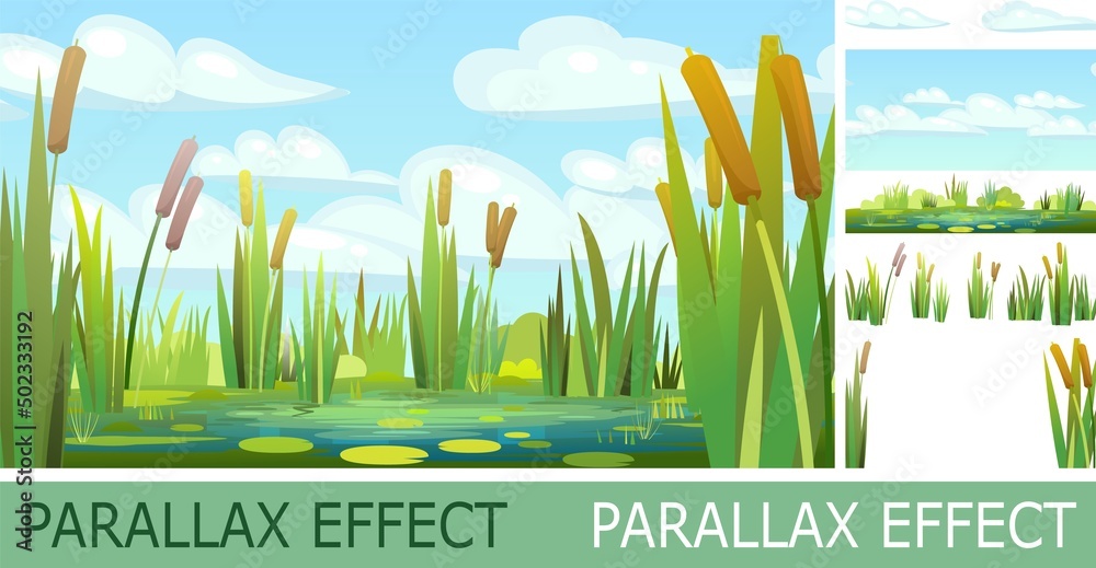 Landscape with swampy shore of lake or river with parallax effect. Coast is overgrown with grass, reeds and cattails. Water with water lily leaves. Wild pond. Vector - obrazy, fototapety, plakaty 