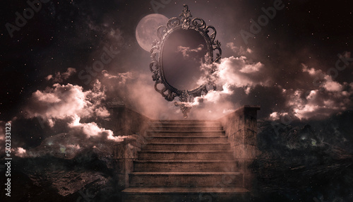 Staircase to the top, old magic mirror. Night dramatic scene with stairs and clouds. Fantasy landscape, mirror, mountain, stairs, clouds, moonlight. 3D illustration.