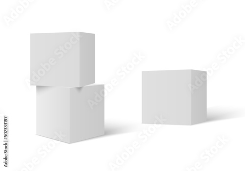 Three 3D stacked cubes. Column of white cubes. Geometric shapes background.
