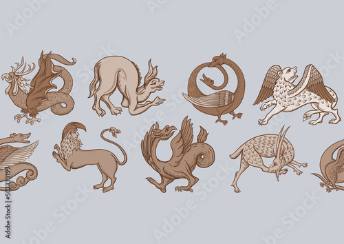 Medieval mythical animals, illuminati manuscript inspiration, romanesque style. Seamless pattern, background. Vector illustration.