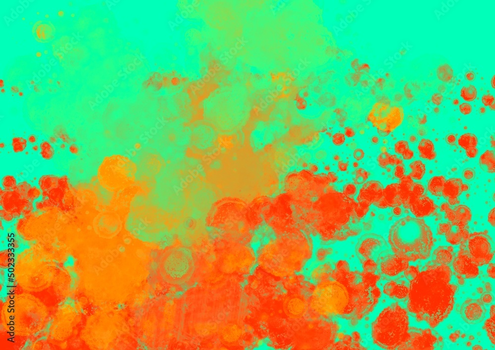 Green tones abstract background with red orange splashes