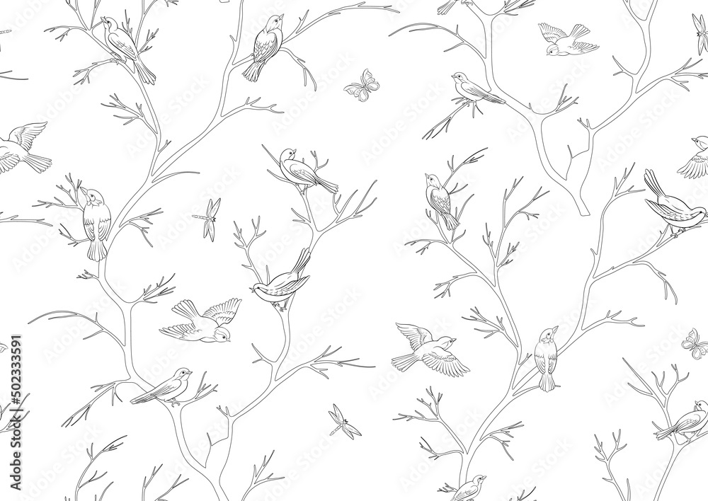 Tree branches against the sky with sparrow, finches, butterflies, dragonflies. Seamless pattern, background. Vector illustration. Chinoiserie, traditional oriental botanical motif. In botanical style