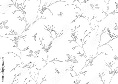 Tree branches against the sky with sparrow, finches, butterflies, dragonflies. Seamless pattern, background. Vector illustration. Chinoiserie, traditional oriental botanical motif. In botanical style