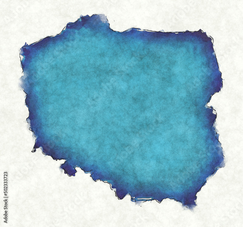 Poland map with drawn lines and blue watercolor illustration