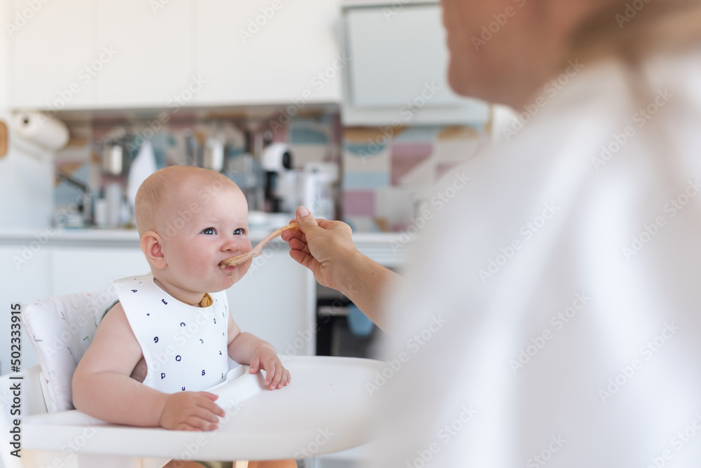 baby's first feeding, mom feeds a baby with a spoon baby's first feeding, mom feeds a baby with a spoon