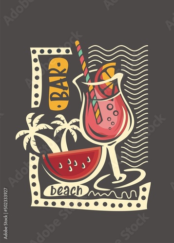 Apparel print graphic for summer season tee shirt. Cocktail glass and watermelon slice artistic banner template. Tropical vector illustration.