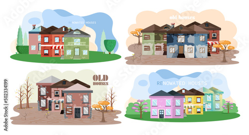 Home renovation, house before and after repair. New and old suburban cottage. Remodel construction. Old run-down house remodeled into cute traditional suburban cottage. Building maintenance service