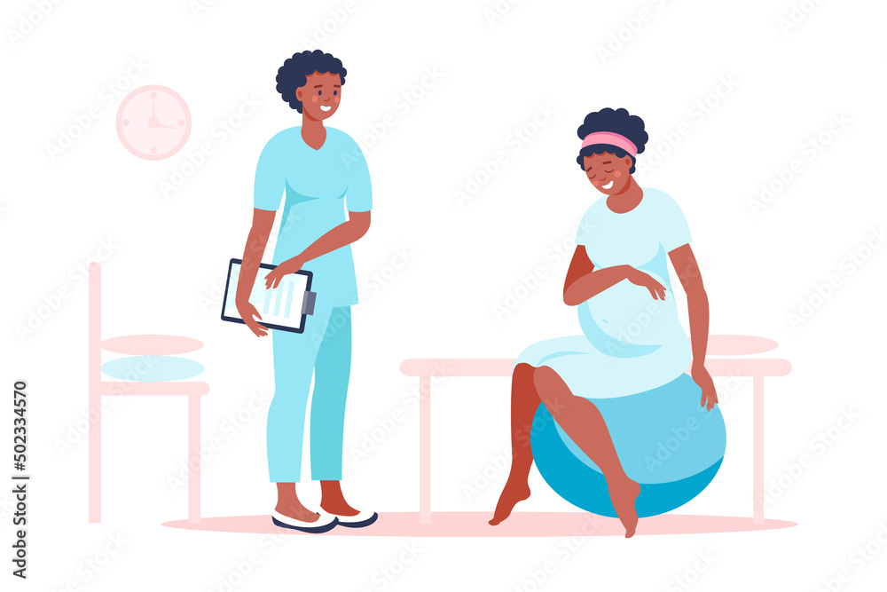 Black woman pregnant preparing for childbirth at hospital with doctor. Birth positions for pregnant woman during birth pains, help methods for painless childbirth labor, on fitness ball, at chair.