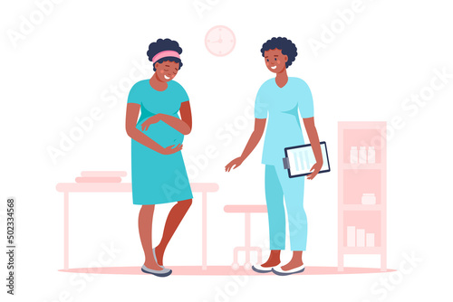 Black woman pregnant with doctor in hospital medical office examination during pregnancy. Vector flat illustration. Pregnancy and maternity concept. Expectant mother, motherhood, single mother.
