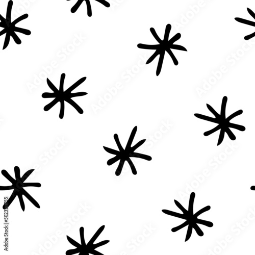 Seamless Pattern with Black Snowflakes on White Background. Abstract Hand-Drawn Doodle Snowflakes.