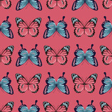 A bright pattern of pink and blue butterflies