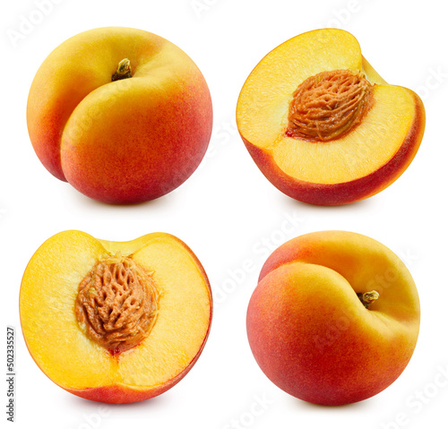 Peach half collection. Fresh organic peach isolated on white background. Peach set macro. With clipping path