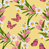 A bright pattern of butterflies and flowers