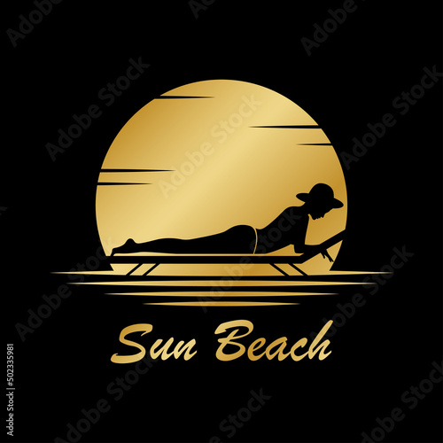 Summer Beach Gold Logo. Sun and Relax Images. Woman sunbathing at sunset. Holidays  design on black background. Vector illustration