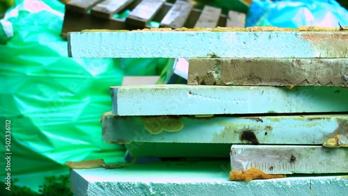 Styrofoam waste in nature. Construction site.