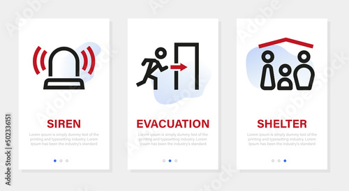 Siren warning onboarding vector design. Emergency situation alert application screens set