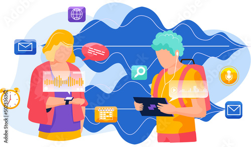 Voice assistant. Smart speaker virtual assistant, sound robot, people using voice controlled smart speaker. Voice activate digital assistant identification control contactless mobile device microphone