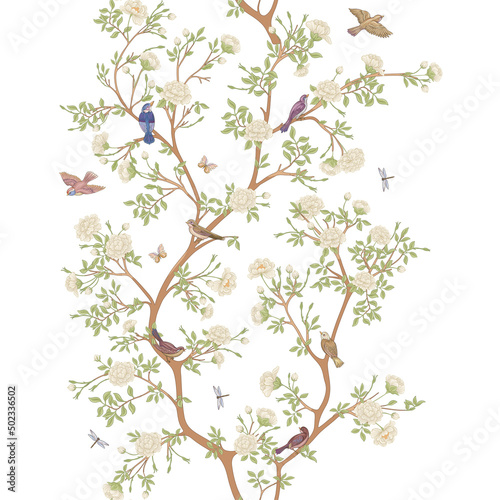 Camellia blossom tree With sparrow, finches, butterflies, dragonflies. Seamless pattern, background. Vector illustration. In botanical style