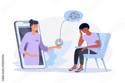 Depressed black woman sitting  on chair. Psychologist doctor consulting patient in therapy session. Online psychotherapy counseling concept. Mental health, depression. Human mental problem solutions.
