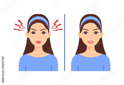 Angry and Happy Young Woman. Portrait of a Female Character with a Smile on Face. Lady is Dissatisfied and Annoyed. Antonyms. Education for Children. Color Cartoon style. White background. Vector.