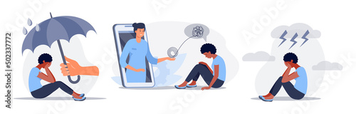 Set of depressed sitting black woman. Online psychotherapy counseling concept. Mental health, depression. Human mental problem solutions. Vector flat cartoon illustration