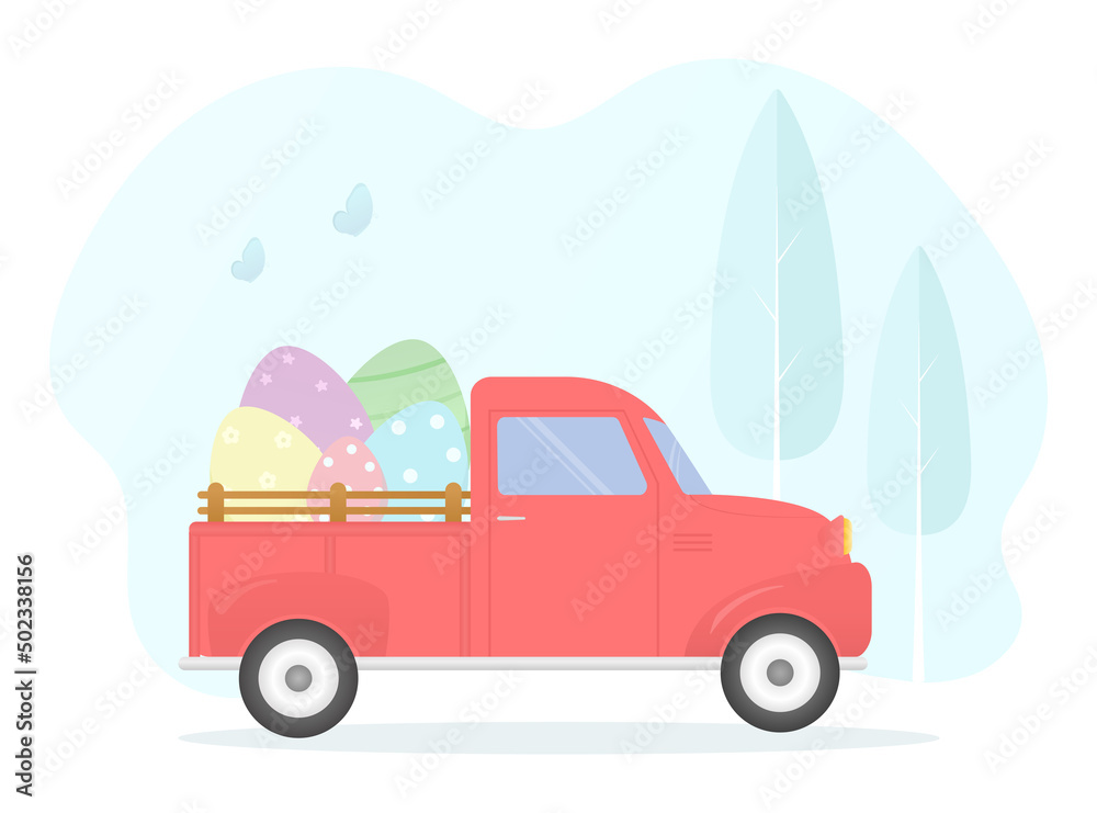 Easter retro truck with eggs easter spring holidays vector illustration