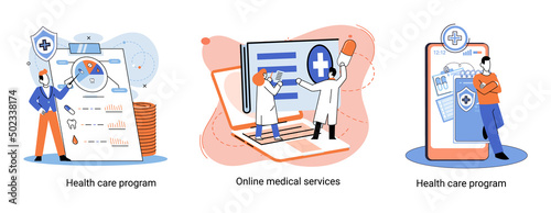 Health care program metaphor, online medical services, protection medicine. Medical insurance, hospital services, preventive check up, sick leave certificate treatment diagnosis patients, telemedicine