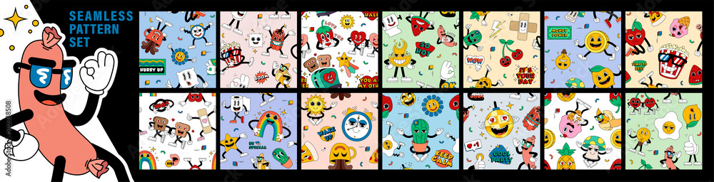 Fototapeta premium Mega set of cool seamless pattern with retro cartoon funny comic characters, gloved hands. Backgrounds with cute hand-drawn comic characters.