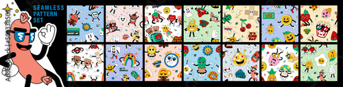 Mega set of cool seamless pattern with retro cartoon funny comic characters, gloved hands. Backgrounds with cute hand-drawn comic characters.