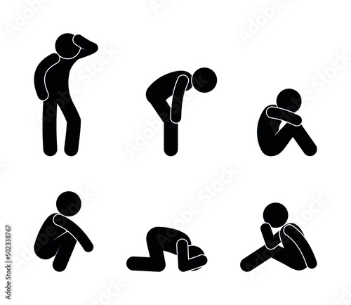 man tired, resting people sitting, icon set, stick figure human silhouette, isolated vector illustration