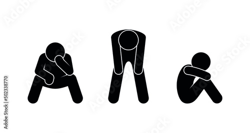 man tired, resting people sitting, icon set, stick figure human silhouette, isolated vector illustration