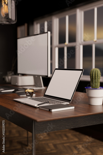 Modern contemporary vintage home workspace interior with laptop © bongkarn